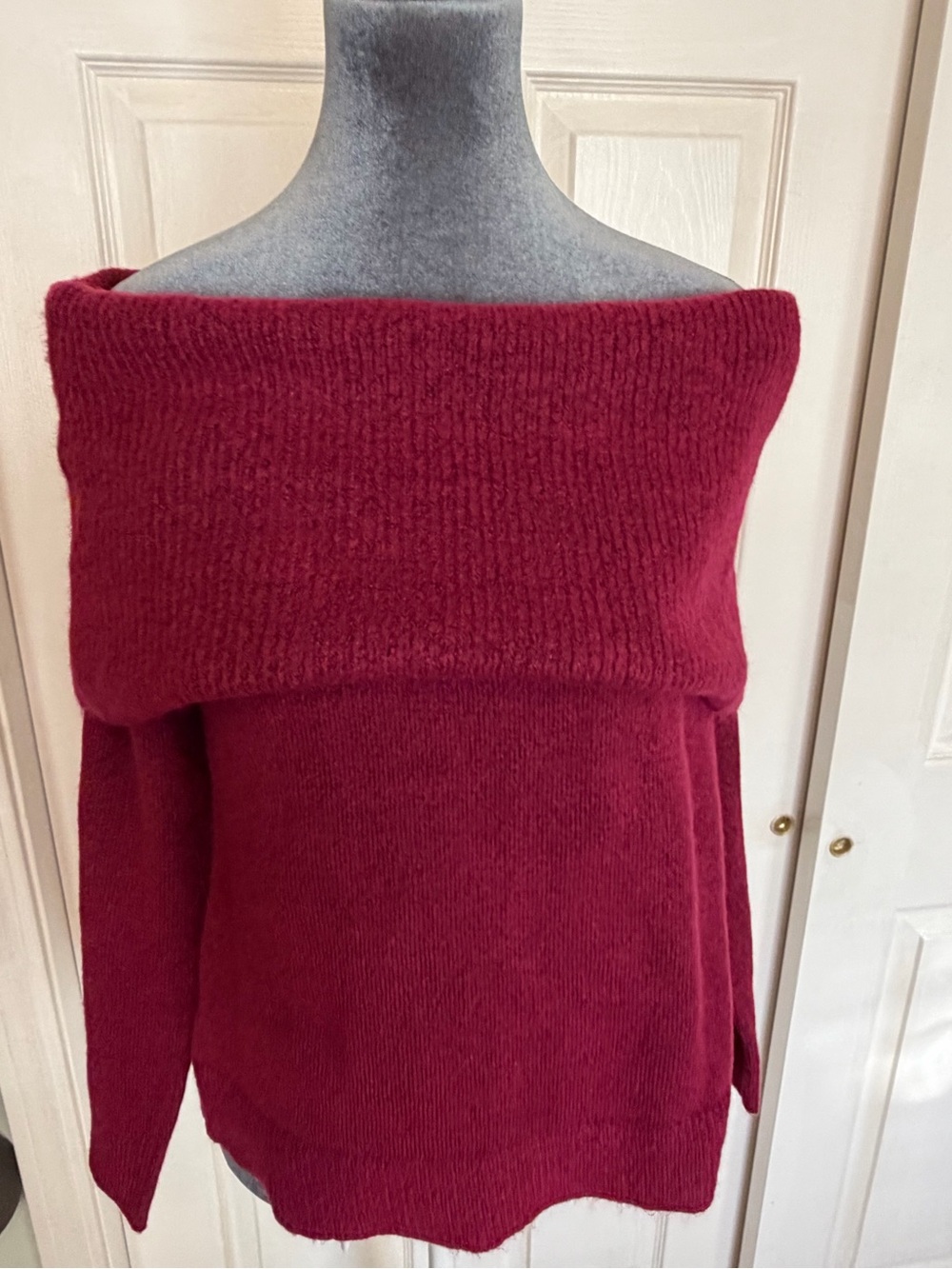 LOFT Off-Shoulder Fold-Over Sweater in Deep Berry